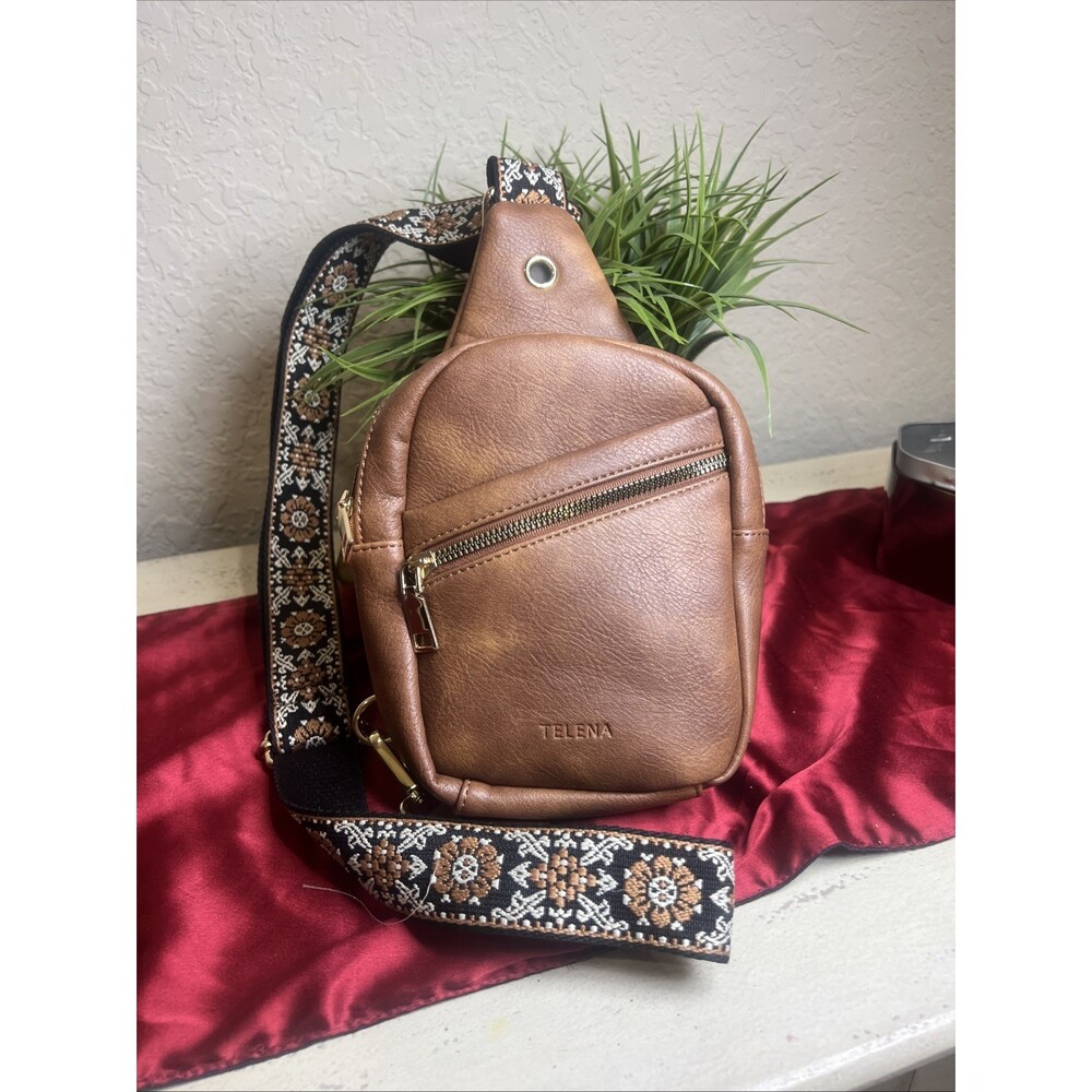 Telena Sling Vegan Leather Shoulder Bag Brown White Brown Strap